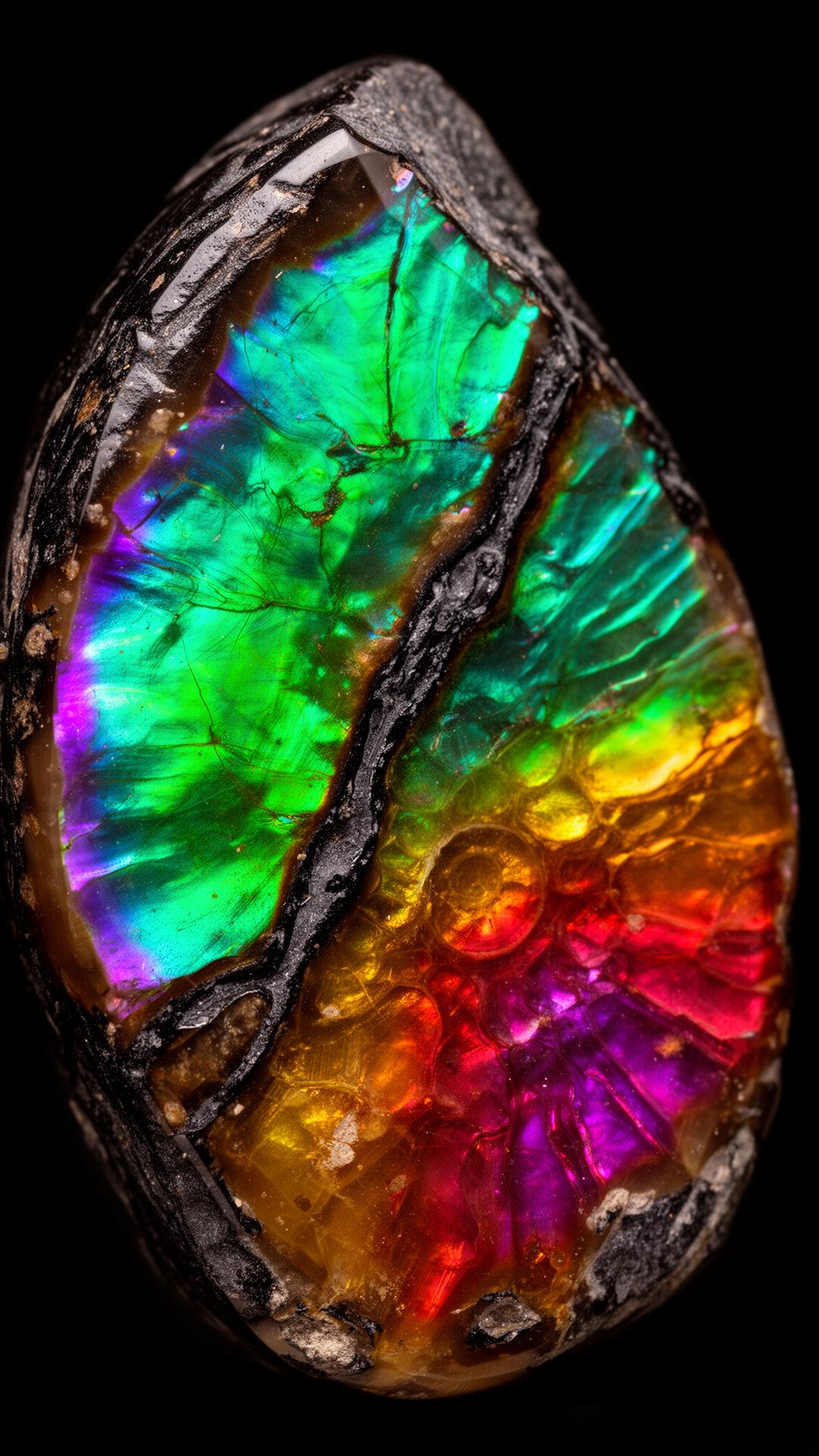 Macro photograph of an iridescent ammolite gemstone with green, amber, ruby, and violet flashes